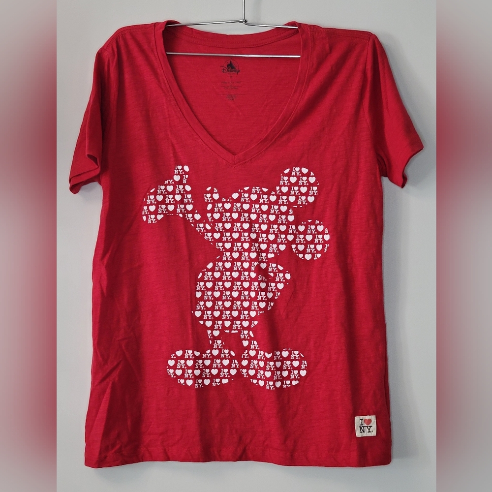 Disney Mickey Mouse I Love NY Red V-Neck Top Graphic Tee Shirt Sz XS